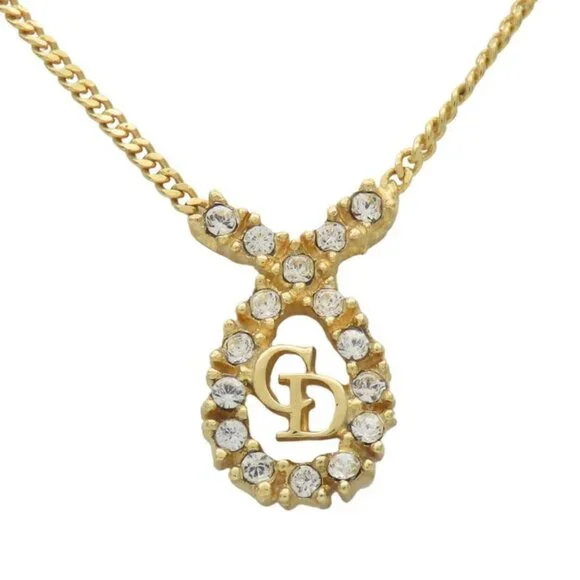 Christian Dior Necklace CD Logo Metal Rhinestone Gold Plated GP Accessories - Picture 1 of 9